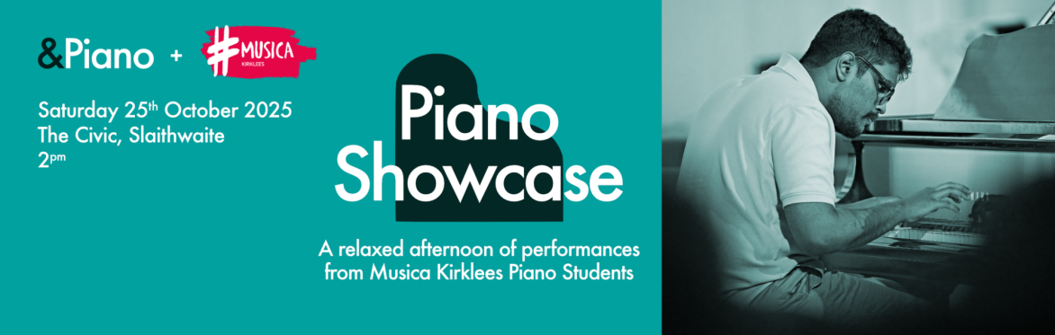 Piano Showcase Oct 25th banner with a picture of a young man playing the piano