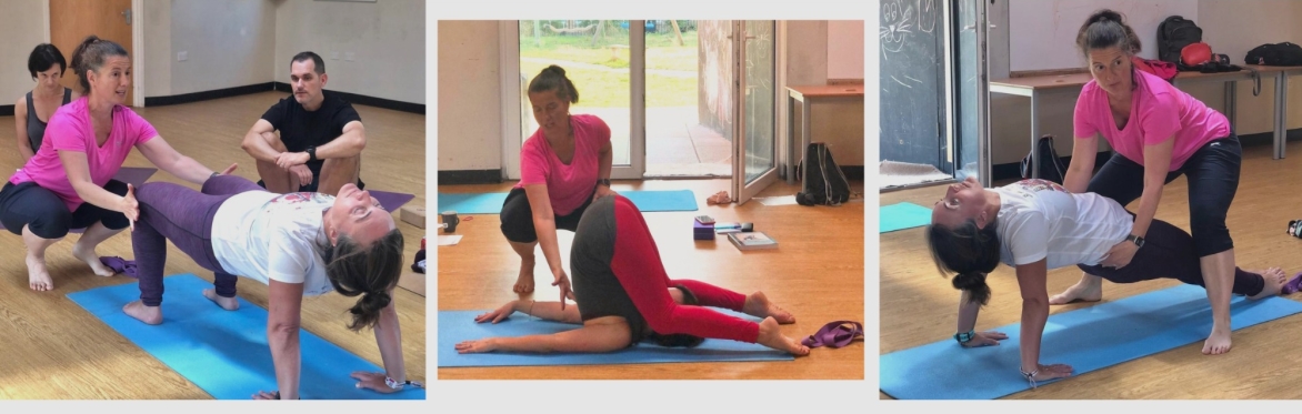 Collage showing yoga teachers learning and practising hands-on adjustments during a yoga adjustments workshop.