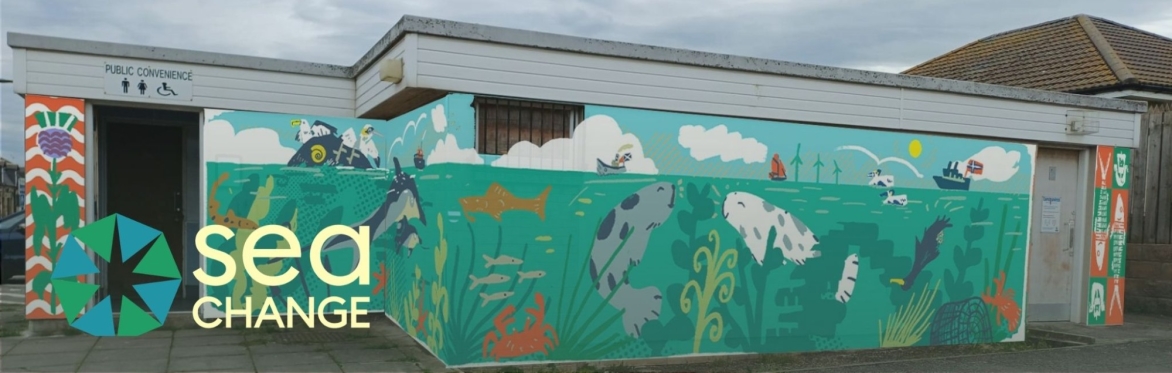 Photo of a sea-themed mural on a building showing sea creatures, including seals and sharks, swimming in a luscious bay.