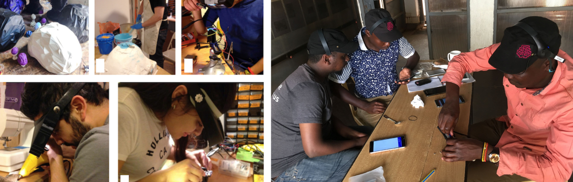 A collage of people assembling and repairing electronic objects, at DuKode Studio (New York) and Kibera Town Centre (Nairobi).