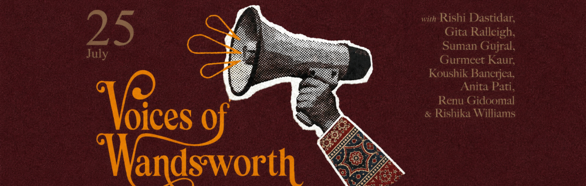 A hand raised from the lower right holds a megaphone rendered in black-and-white halftone dots, with three orange curved lines suggesting sound coming from its mouth