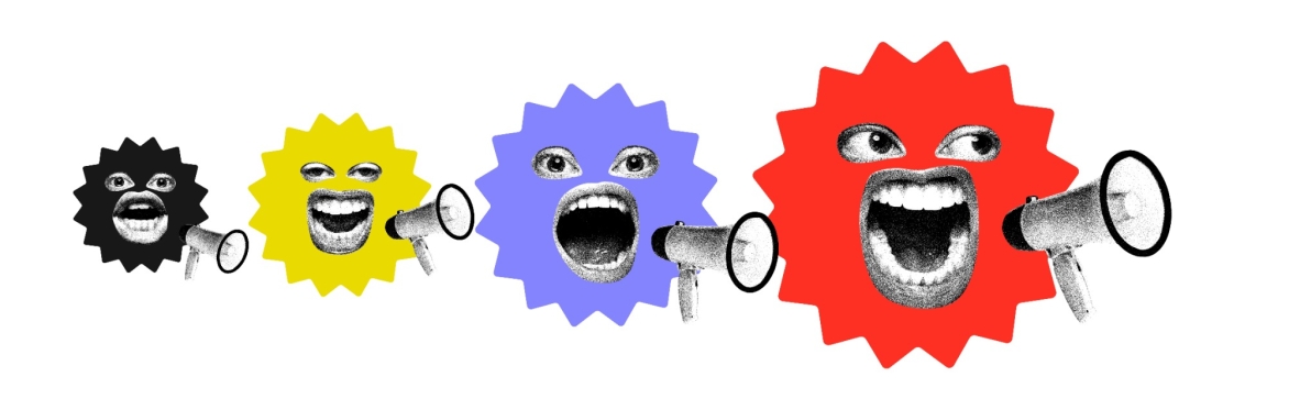 collage-style image of four brightly coloured shape with wide mouths and megaphones