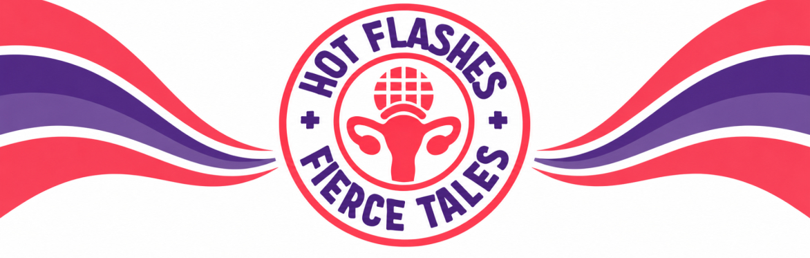 Circular Hot Flashes, Fierce Tales logo in coral pink and purple, featuring a stylized uterus beneath a microphone, representing women sharing stories about menopause and midlife.