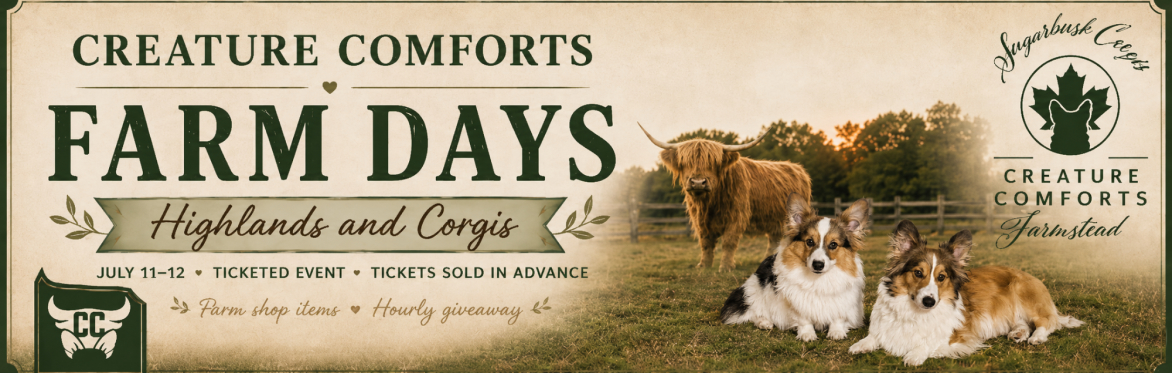 Banner of Creature Comforts Farm Days July 11-12 with image of corgis and cattle