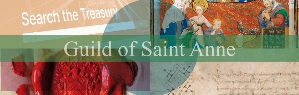 A collage of four images including a red wax seal, the VRTI website, a medieval illumination of St Anne and a detail from a medieval text manuscript. Superimposed over the collage is a green banner wi