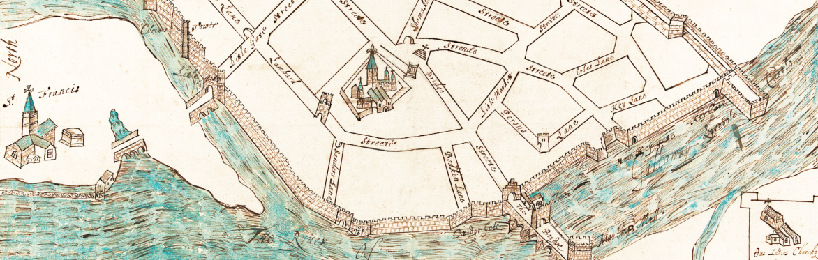 A schematic map of Galway showing the river, walls, bridges, churches and street pattern.  Plot map of Galway, 1625 (The Board of Trinity College Dublin)