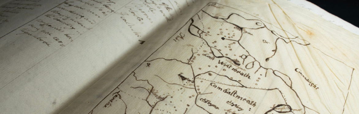 Detail of a hand drawn map of Westmeath in a book.