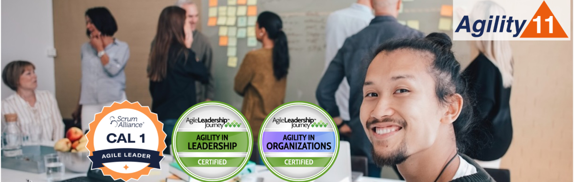Workshop participants smiling. Logos for Agility11, CAL-1, ALJ AIL & AIO