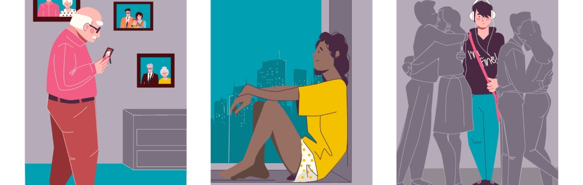 A cartoon image of an older man looking at a photo, a girl sitting down and looking out of the window and a guy in a crowd with an "I'm fine" jumper