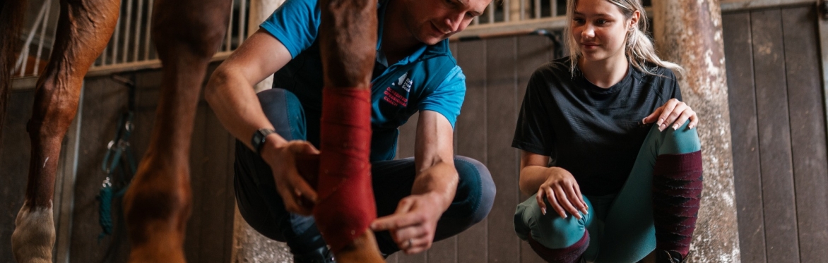 A coach and student crouch next to a horse, the coach showing how to apply a bandage to the horse's front leg