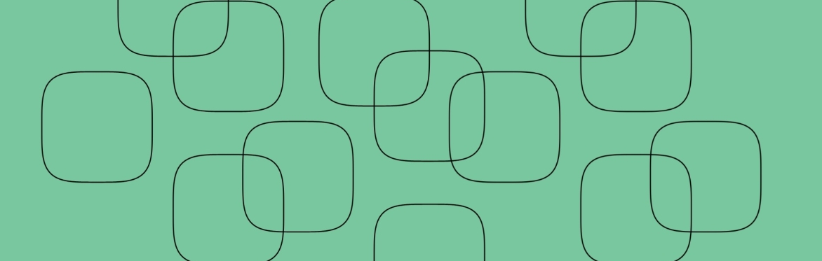 Abstract pattern of overlapping rounded squares outlined in black on a teal green background.