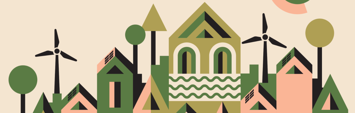 An artistic depiction of a city with wind turbines, symbolizing the blend of urban life and sustainable energy solutions.