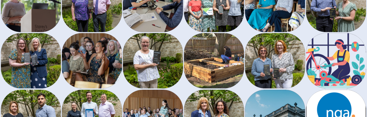 A collage of images showing people accepting awards, giving presentations and engaged in sustainability activities like repair cafes and community gardens