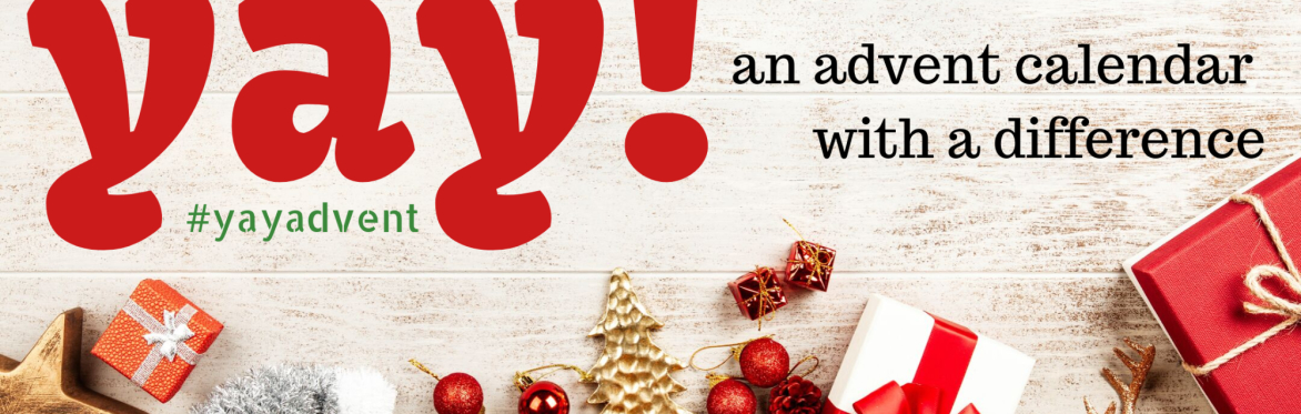 An image of wrapped Christmas gifts and decorations with the word Yay superimposed over them