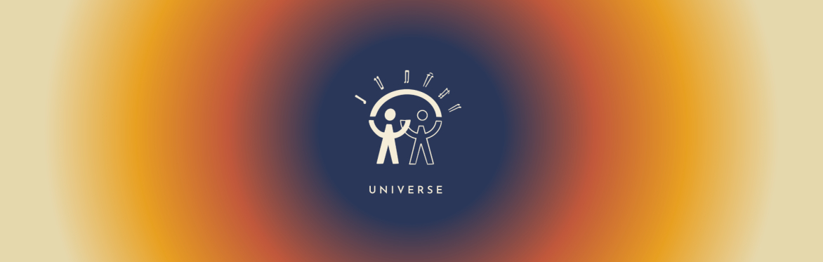A logo with two people standing together with a rainbow above them with musical notes instead of rays