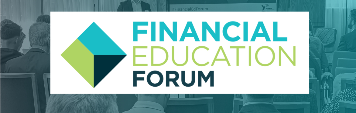 Financial Education Forum logo on white arrow. Navy tinted photo background showing forum members networking and eating food.