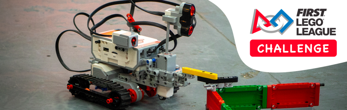 A LEGO Mindstorms robot with a large V-shaped container at the front, overlaid with the Prewired and FIRST LEGO League Challenge wordmarks