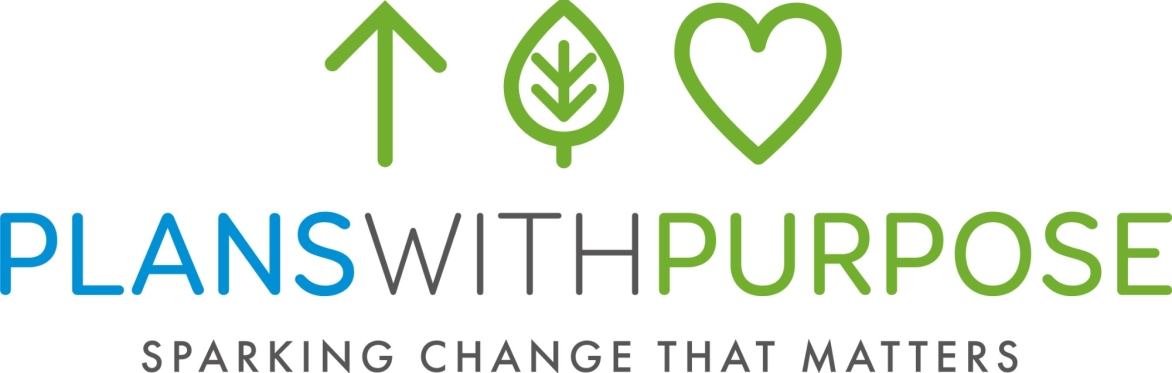 Plans With Purpose company logo, in blue & green fonts, with the strapline 'Sparking Change That Matters' and icons of an arrow for business progress, a heart for people & a leaf for planet progress