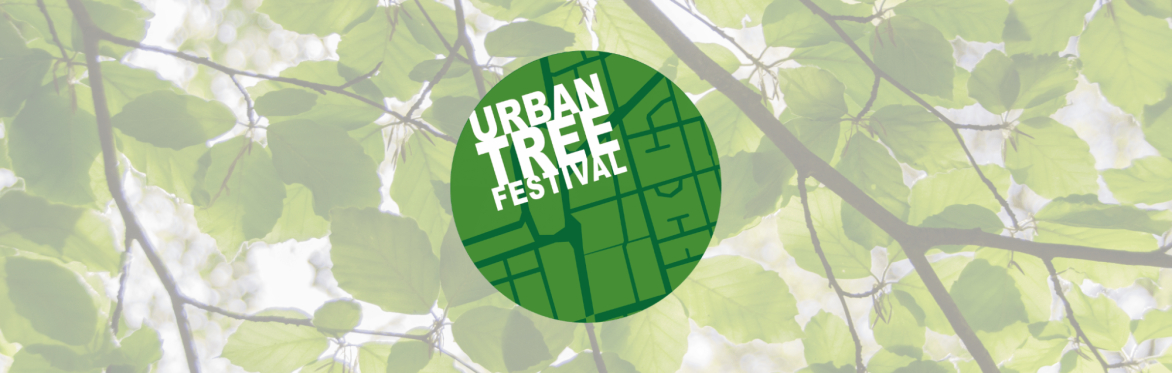 Urban Tree Festival logo which is a green graphic street map with white text. Behind the logo is a canopy of tree leaves.