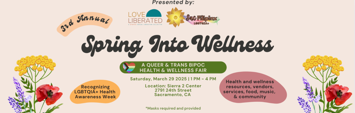 The image is a promotional banner for the 3rd Annual Spring Into Wellness event, a Queer & Trans BIPOC Health & Wellness Fair. It features a light beige background with decorative floral elements.