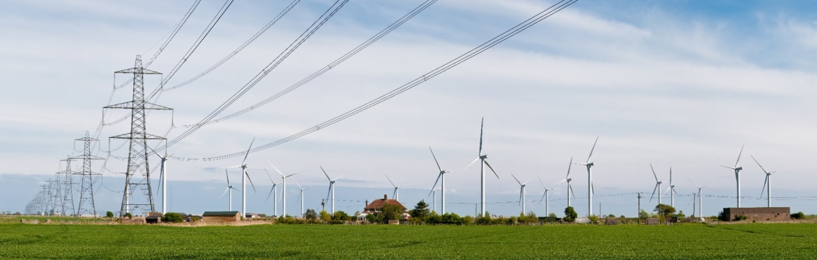 windfarm and electricity pylons/power lines near Rye, East Sussex, England. The 400 kV power lines are from Dungeness Nuclear Power Station, which is just visible on the skyline behind the pylons.