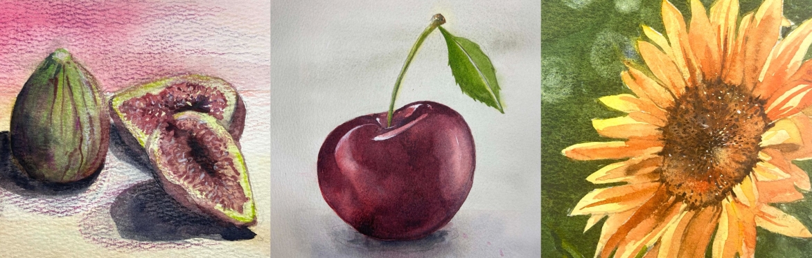 Watercolour and coloured pencil: Fruits and Flowers