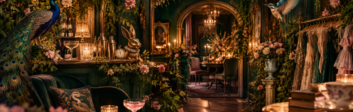 Whimsical image in greens and golds