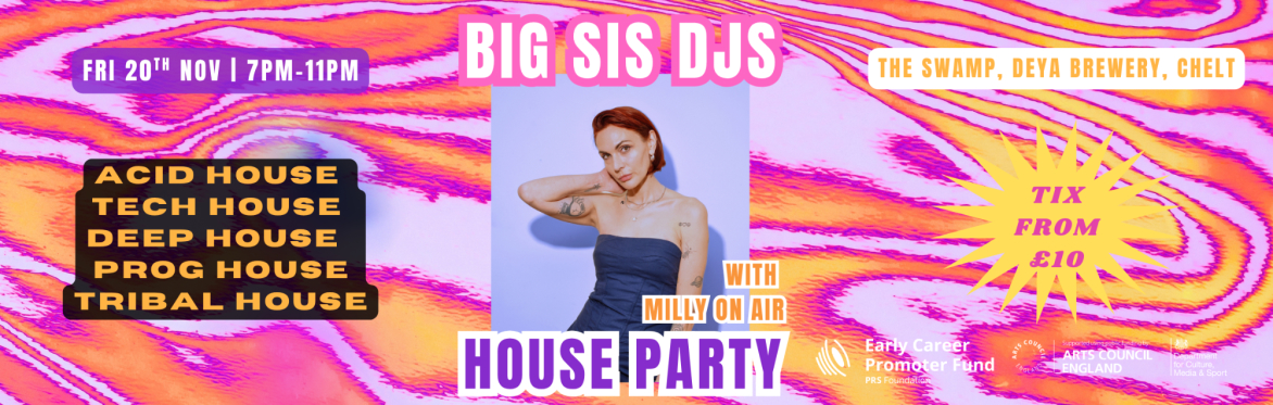 Milly On Air poses in a dark purple boob tune with a mahogany bob, the back ground is orange pink and purple zebra print, tickets are £10,  broad spectrum house music will be played