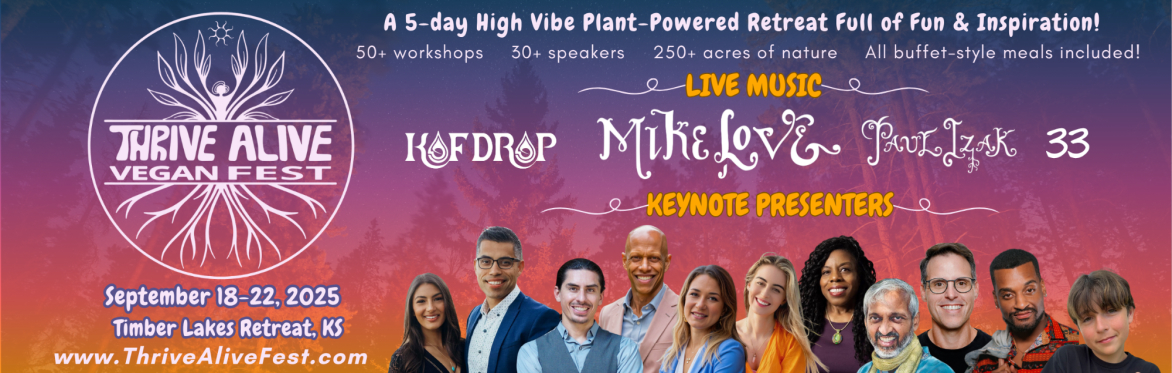 Gold background with faded people figures and the Thrive Alive Vegan Fest round logo in the middle