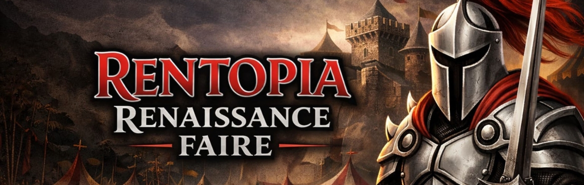 The words Rentopia Renaissance Faire in front of a medieval setting and a knight on the right side.