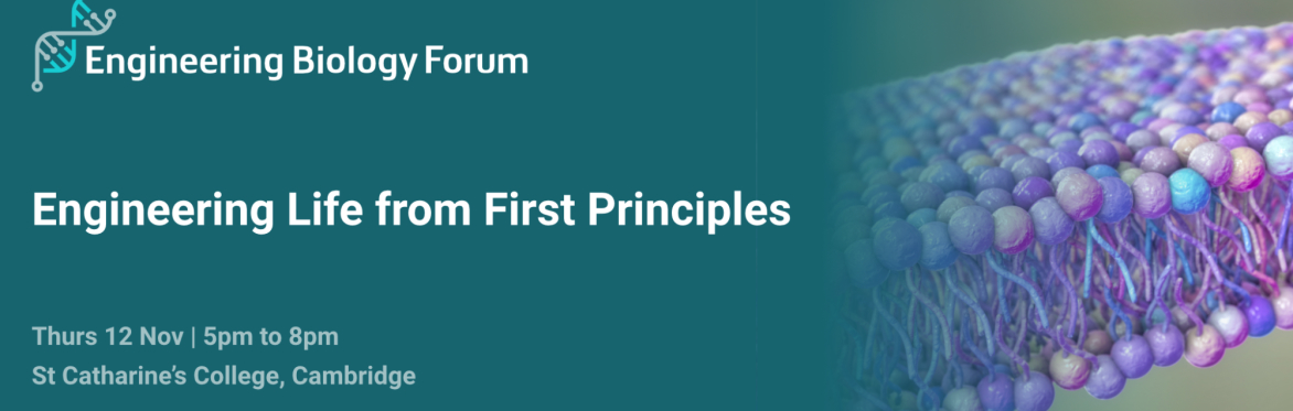 Dark teal background with Engineering Biology Forum logo, a microscopy image of molecular condensates and text that is repeated below.