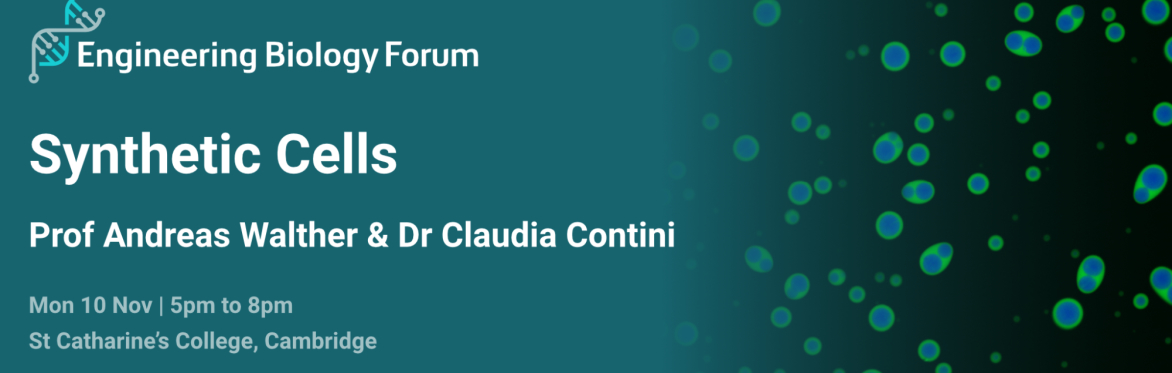 Dark teal background with Engineering Biology Forum logo, a microscopy image of molecular condensates and text that is repeated below.
