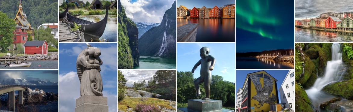 The image shows a patchwork of photographs of the Oslo and Norway generally, including natural environment, the Northern lights, artwork, and traditional colourful houses.
