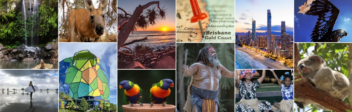 The image shows a patchwork of photographs of the Gold Coast and Australian culture, wildlife, and First Peoples