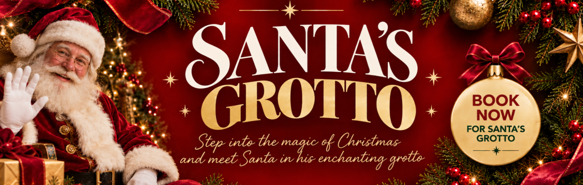 Middleton Grange Shopping Centre presents Santa's Grotto.  Santa is juggling wrapped presents.