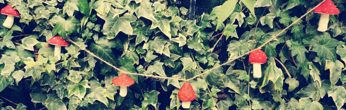 A back drop of ivy with small hand made papermache red and white spotted toadstools tied in a row.