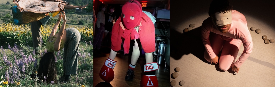 3 images:  2 dancers are bent over in a field, a performer in a red shirt and red mask bent so red boxing gloves rest on the ground, a blindfolded performer in pink body suit crouched on floor