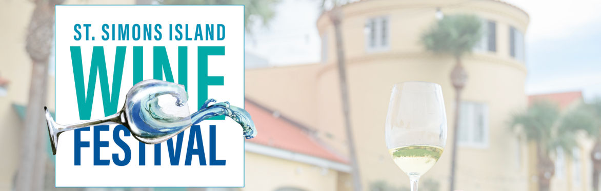 Picture of St. Simons Island Wine Festival Logo with wine glass and background image of the King and Prince hotel