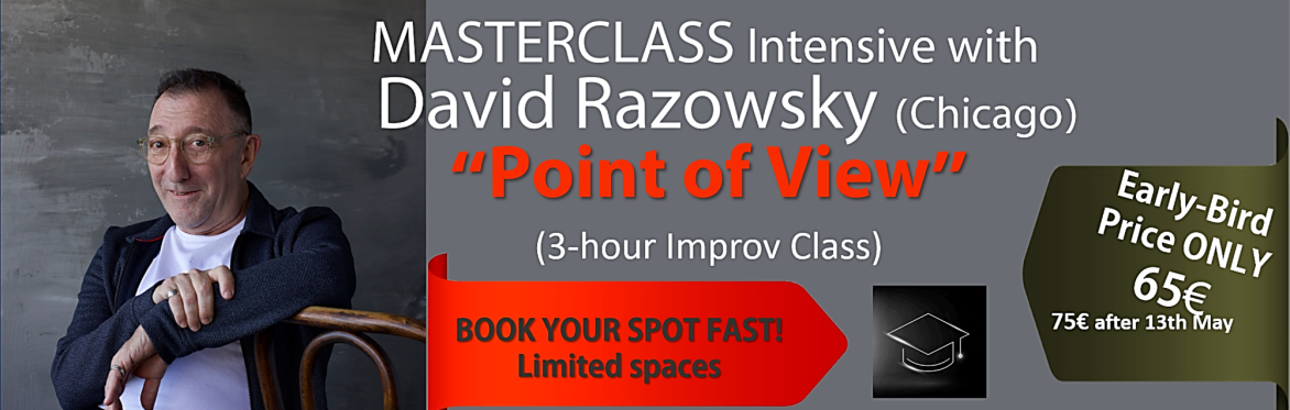 David Razowsky sitting on chair looking at us. Title of 2point of view" workshop above head and a red banner with "Book your spot fast-limited spaces. Also a Earlybird price tag of 65€ instead of reg€