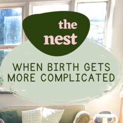 A well-lit room with green and pink blobs painted on the walls with green sofa and cushions, with the words 'The Nest - When Birth gets more complicated' overlaid in the foreground