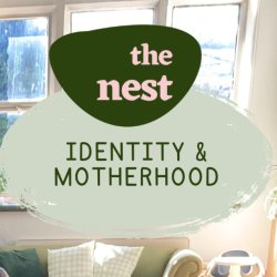A well-lit room with green and pink blobs painted on the walls with green sofa and cushions, with the words 'The Nest - Identity & Motherhood' overlaid in the foreground