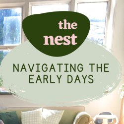 A well-lit room with green and pink blobs painted on the walls with green sofa and cushions, with the words 'The Nest - Navigating the early days' overlaid in the foreground