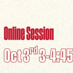 Text reads 'online session Oct 3rd 3-4:45pm' Graphic with red text and cream background with blue dots.