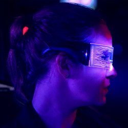 A cyberpunk woman wearing glowing glases