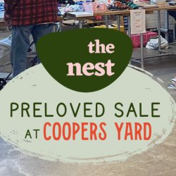 Text reads 'The Nest Preloved Sale' with a background image of a secondhand children's clothing market