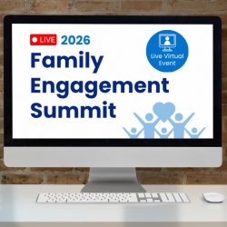 Computer screen with text reading "2026 Family Engagement Summit" and an icon indicating it is a live online event