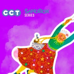 Text that reads "Abuela" with an illustration of a child and grandmother soaring above a colorful cityscape.