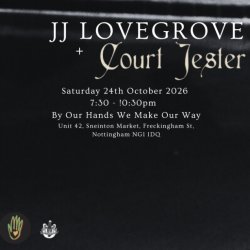 JJ Lovegrove and Court Jester, Friday 30th October 2026. %:30 - 9pm. Leicester Print Workshop. All white text on a black & white photo of a child which is highly blurred by over exposed light