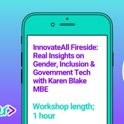 Event image. Background blue to purple ombre with white lines and a white outline of a computer mouse for design. A mobile phone graphic with the event title in. The guest speaker's logo.