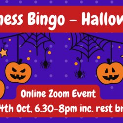Decorative image with pumpkin garland. Text reads 'Chronic Illness Bingo - Halloween 2026!'